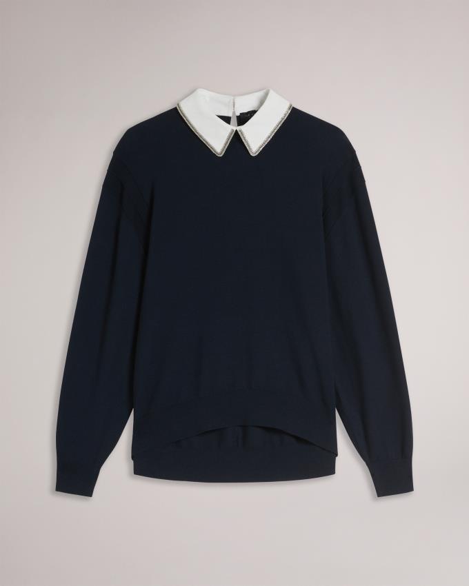 Pull Ted Baker Mockable With Embellished Collar Bleu Marine Femme | EAC-76967599